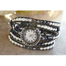 Black Crystal and White Pearl Wrap Watch