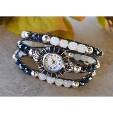 Black Crystal and White Wrap Watch