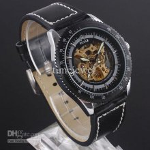 Black Dial Rim White Index Automatic Mechanical Wristwatch Leather S