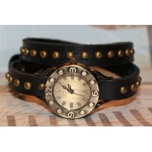 Black Leather Wrap Watch with Antique Gold Watch Face