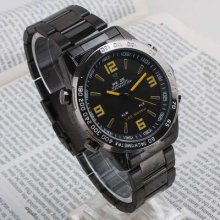 Black Paint Dial Digital Analog Yellow Index Day-date Alarm Steel Band Watch