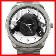 Black Pug Pet Dog Animals Silvertone Sports Metal Watch 192