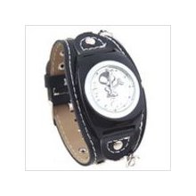 Black with White Dial - Skull Pattern Faux Leather Strap Quartz Watch