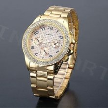 Bling White Crystal Golden Band Lady Girls Wrist Watch