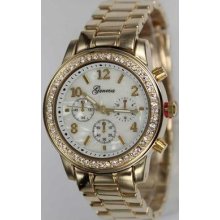 Boy Friend Gold Plated Clear Crystal Case Mother Of Pearl Dial Metal Band Watch