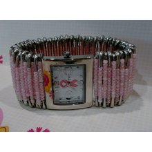 Breast Cancer Awareness Pink Seed Bead Safety Pin Watch