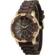 Brown and Gold Crystal Rhinestone Geneva Faux Chronograph Silicon ...