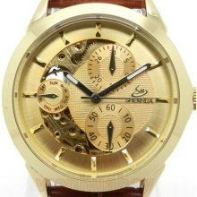 Brown Golden Automatic Skeleton Self-wind Mechanical Watch Gear Leather M71