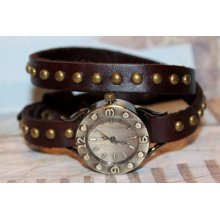 Brown Leather Wrap Watch with Antique Gold Watch Face