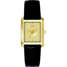 Bulova Ladies Gold Rectangle Watch W/Black Leather Strap And Medallion Dial