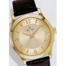 Bulova Men`s Round Gold Watch W/ Leather Band