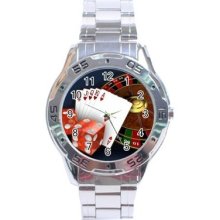 Casino Poker Cards Dice Roulette Wheel Stainless Steel Analogue Watch