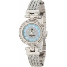 Charles-Hubert Paris 6779-W Chrome Finish Light Blue MOP Dial with Stainless Steel Wire Bangle Watch