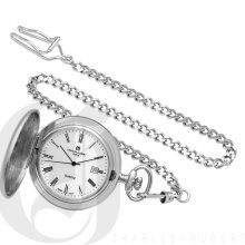 Charles Hubert Premium White Dial Rhodium Plated Stainless Steel Pocket Watch 3726