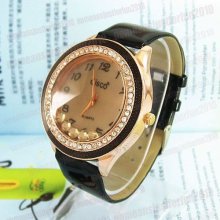 Charming Crystal Quart Black Leather Round Analog Wrist Watch Ladies Women M639b