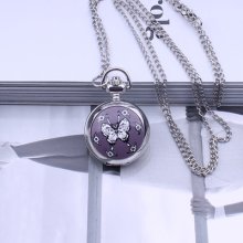 Charming Fashion Cute Butterfly Mirror Ladies Girls Pocket Watch Necklace