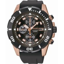 Chronograph Stainless Steel Case Rubber Bracelet Black Dial Rose Gold Tone Accen