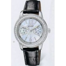 Citizen Eco Drive Ladies` Silhouette Crystal Watch With Black Leather Strap