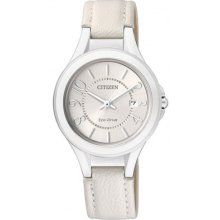 Citizen Eco-drive Ladies Silver Dial White Leather Wr 50m Watch Fe1020-02w