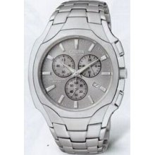 Citizen Eco Drive Men`s Silver Ss Bracelet Chronograph Watch W/ Silver Dial