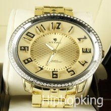 Classic Gents One Row Iced Out Quartz Movement Analog Gold Metal Band Watch