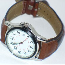 Classic White Face Analog Watch With 2 Tone Leather Band Retail $25