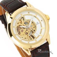 Coffee Pu Leather Band Auto Skeleton Mechanical Vogue Luminous Hand Men Watch