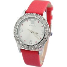 Comfortable Leather Band Pretty Crystal Dial Stripes Design Ladies Watch 51006