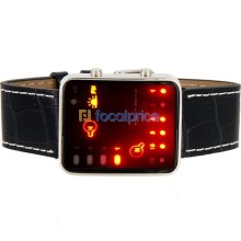 Cool Black Binary Display PU Leather Band LED Watch (Black)