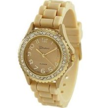 Cream W/ Gold Bezel Geneva Crystal Rhinestone Watch Silicone Jelly Link Band