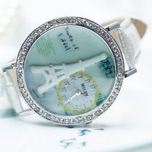 Crystal Bling Bezel Women Casual Wrist Watch Eiffel Tower Style Fashion