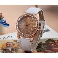 crystal Lady women quartz analog white leather strap rose gold tone wrist watch