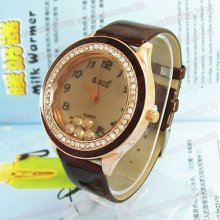 Crystal Quartz Brown Leather Band Women Leisure Wrist Watch Golden Hands M639k