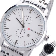 CURREN 8133 Men's Silver Stainless Steel Band Round Quartz White/ Black Dial - Black - Silver