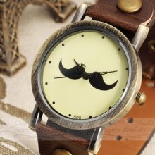 Cute Beard Dial Brown Leather Band Fashion Women Wrist Watch Bracelet Uhr887