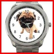 Cute Pug Puppy Pet Dog Silvertone Sports Metal Watch 241