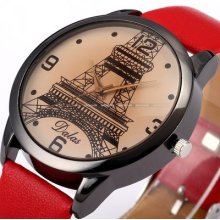 Dalas Black Case Eiffel Tower Lady Women Red Leather Quartz Watch Dailyetrade