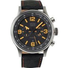 Davis Xxl Aviamatic Watch With Waterproof Chronograph And Black Leather Strap With Orange Top-Stitching