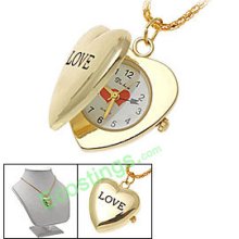 Dial Ladies Necklace Watch w/ Heart Love Pendant Golden