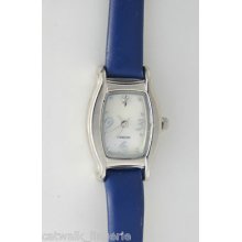 Diamond Woman's Watch Mother Of Pearl Dial Diamond Set Blue Leather Strap