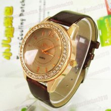 Disco Crystal Quartz Leather Band Women Leisure Fashion Wrist Watch Brown M662k