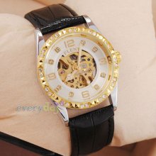 Dress Lady Womens Automatic Watches Luxury Style Golden Hollow White Crystal