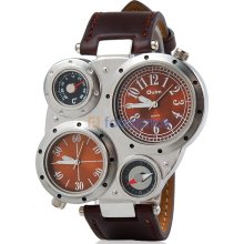 Dual Quartz Movement Analog Sporty Watch with Faux Leather Strap, Compass, Thermometer (Brown)