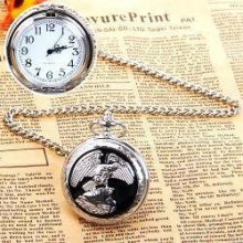 Eagle Patterned Cover Pocket Watch with Quartz Round Shaped - Silver - Stainless Steel - Silver