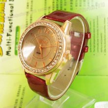 Elegant Ladies Crystal Stones Watch Quartz Red Leather Leisure Wrist Watch M662r