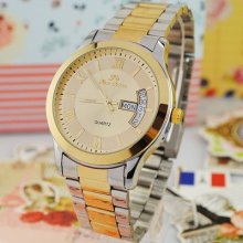 Elegant Stainless Steel Golden Face Day Date Mens Watch Quartz Gents Gift