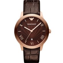 Emporio Armani 'Retro' Round Leather Strap Watch, 41mm Brown/ Rose Gold