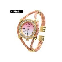 Exquisite Bangle Bracelet Quartz Wrist Watch With Twisted Loop Rhinestones Pink