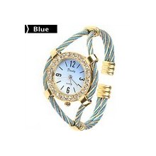 Exquisite Bangle Bracelet Quartz Wrist Watch With Twisted Loop Rhinestones Blue