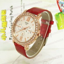 Exquisite Bling Crystal Red Leather Quartz Lady Women Analog Wrist Watch M636r